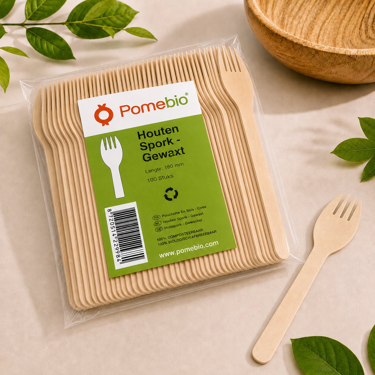 Pomebio - houten spork gewaxt - 16 cm - 100 stuks - lepel & vork - sporks