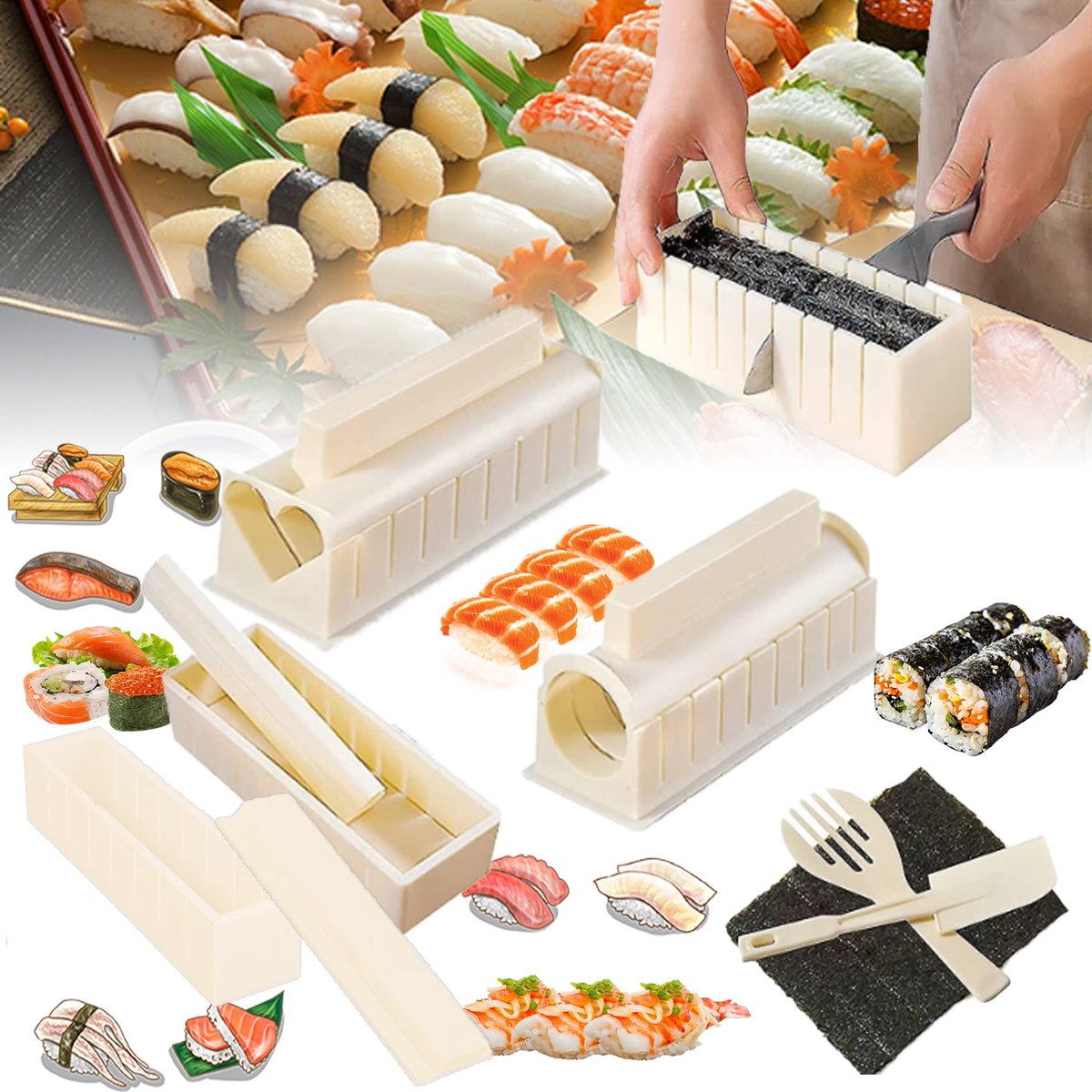 Sushi set - Sushi maker - TENZHVXI® - Sushi maken - Set van 10 - Vormen, voor het bereiden en serveren - Uitbreidbaar - Glanzend oppervlak - ABS-materiaal - Gemakkelijk schoon te maken - Eenvoudig en duurzaam - Ideaal om thuis sushi te maken