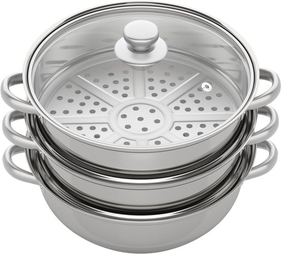 NAVOBIZ 3-laags stoompot - Stoompan - Stoofpot - Groente stomer - Multifunctioneel - Veilig stoomventiel - RVS - 28 cm - Zilver