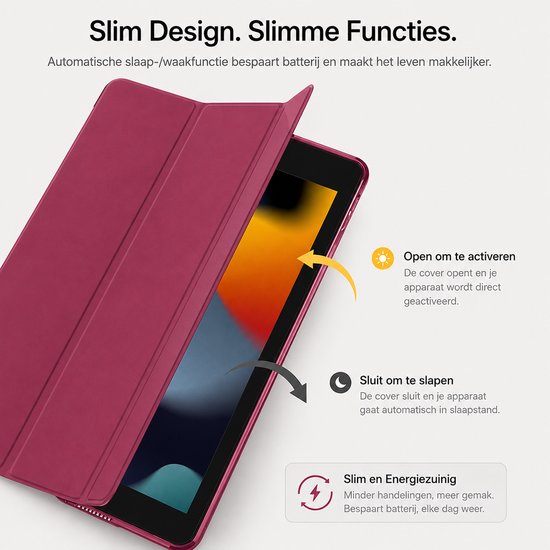 L'étui iPad rouge vif s'ouvre pour activer l'iPad. Gros plan de l'iPad avec l'étui rouge vif.