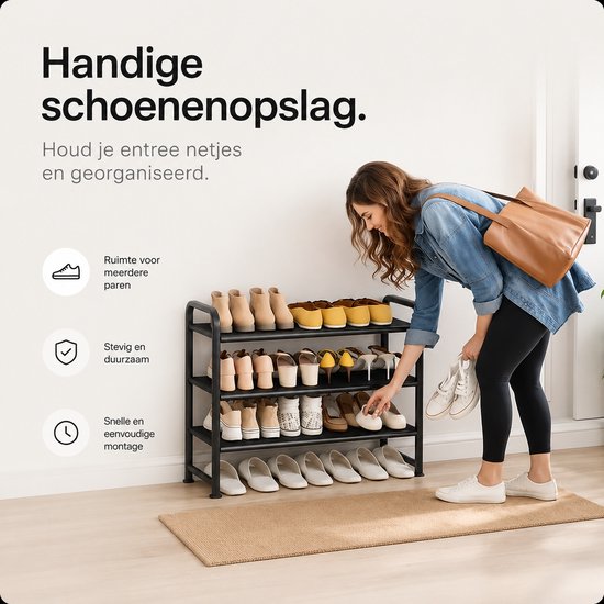 BOTC Schoenenrek - schoenenkast - 3 Lagen - Voor 12 paar schoenen - 53 x 28 x 68 cm - Metaal - Zwart