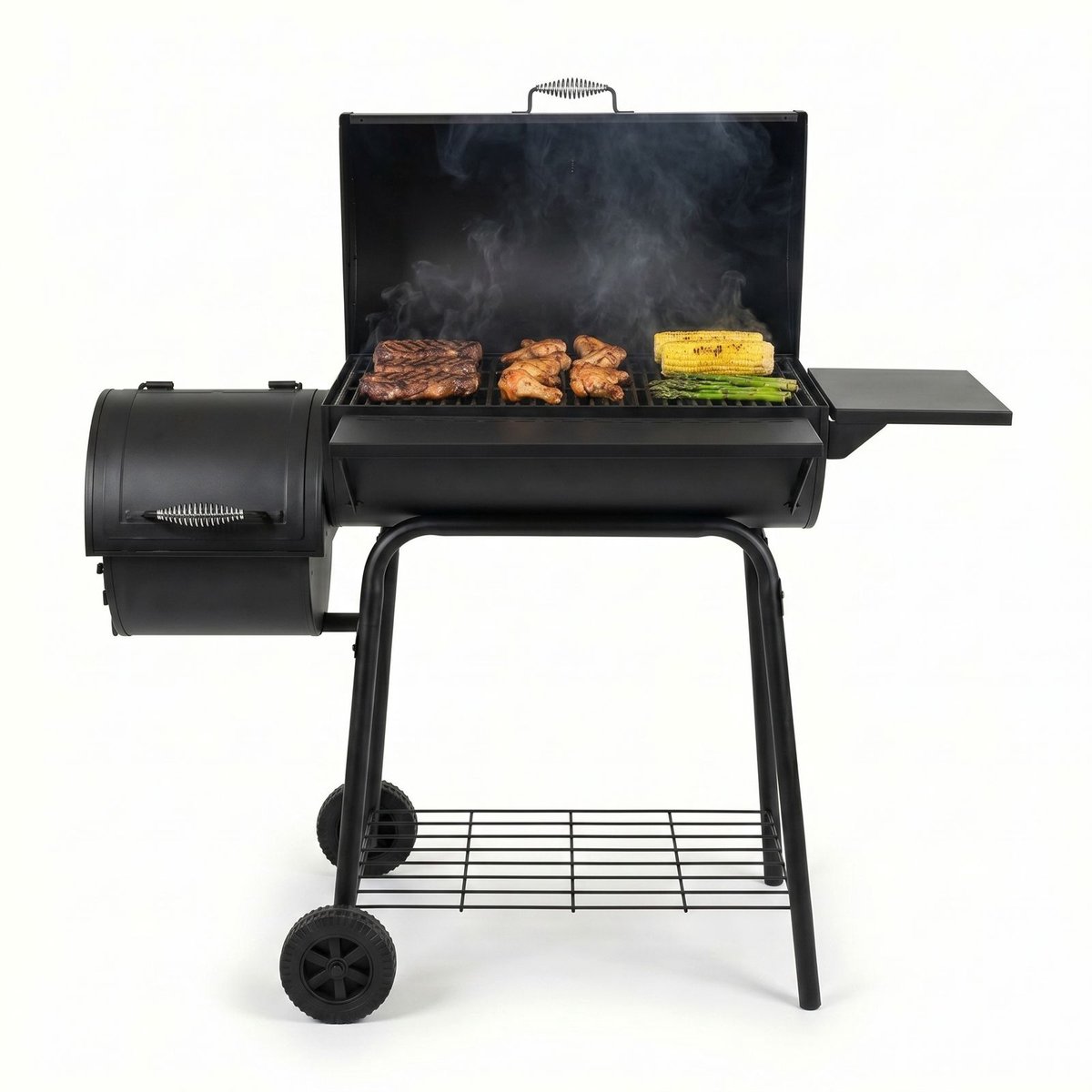 Lugia Houtskool BBQ met - Barbecue Smoker – 136 cm – Grote Grill 66x41 cm - Warmhoudrek – Zijtafel met Flessenopener – Zwart