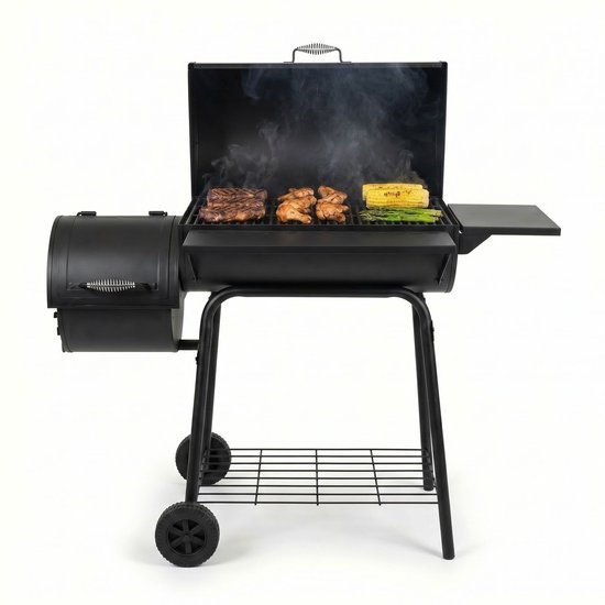 Lugia Houtskool BBQ met - Barbecue Smoker – 136 cm – Grote Grill 66x41 cm - Warmhoudrek – Zijtafel met Flessenopener – Zwart
