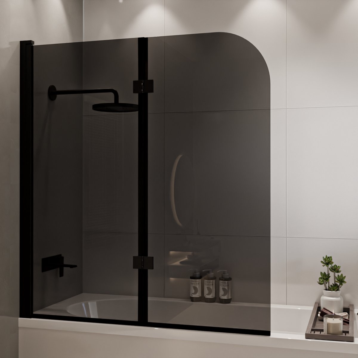 Lomazoo Badwand Caracas -120x140cm - Zwart - Nano Coating Anti-kalk - 2delig - Draaibaar - Rookglas