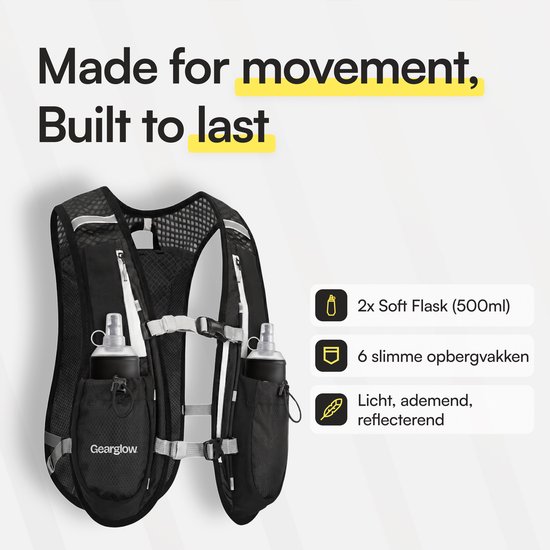 Zwart GearGlow hardloopvest met 2 soft flasks, 6 opbergvakken en reflecterende accenten. Lichtgewicht en ademend materiaal.