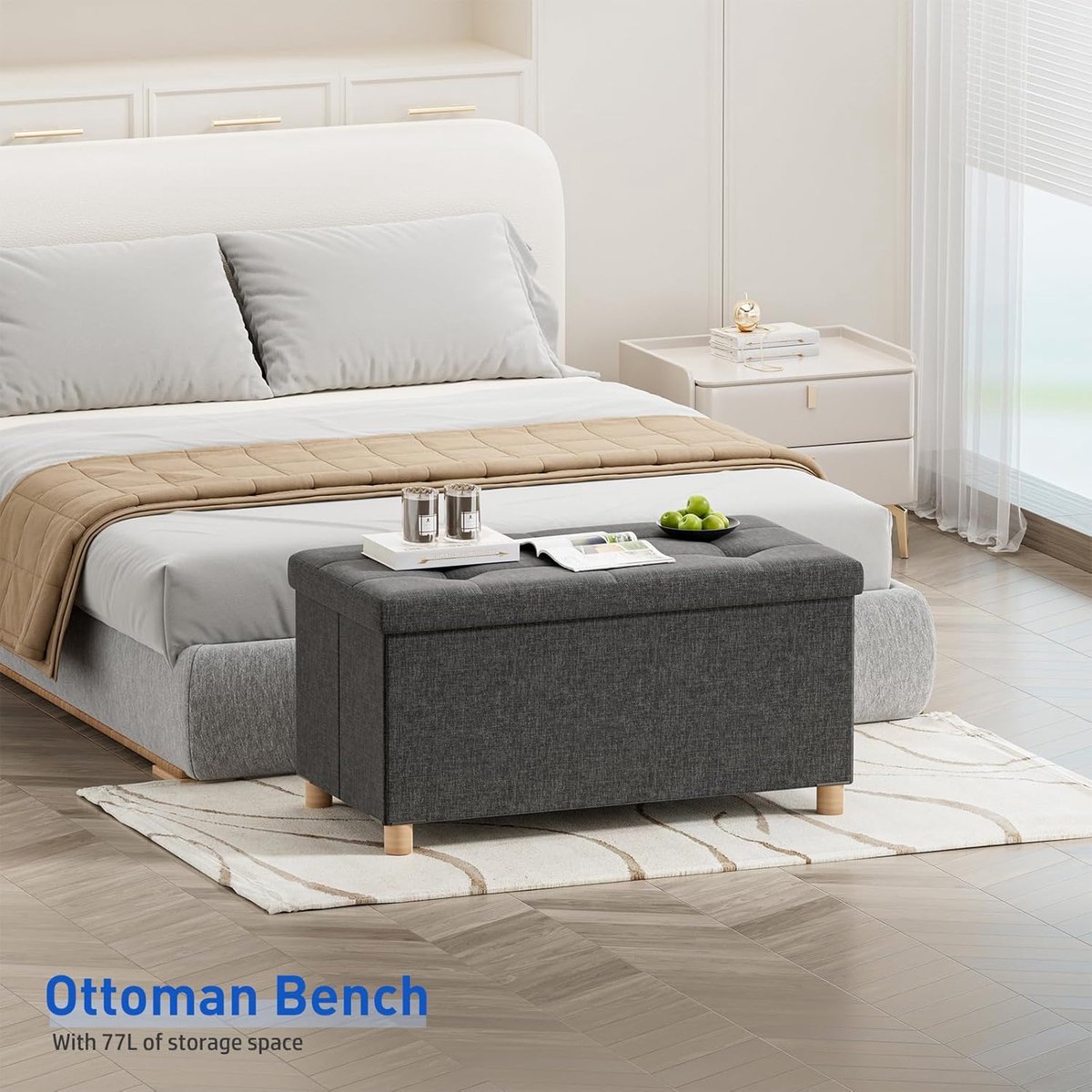 Opbergkist Zitbank - Poef Voetenbank - Extra Opbergruimte - Opvouwbaar Design - 76 cm - Grijs