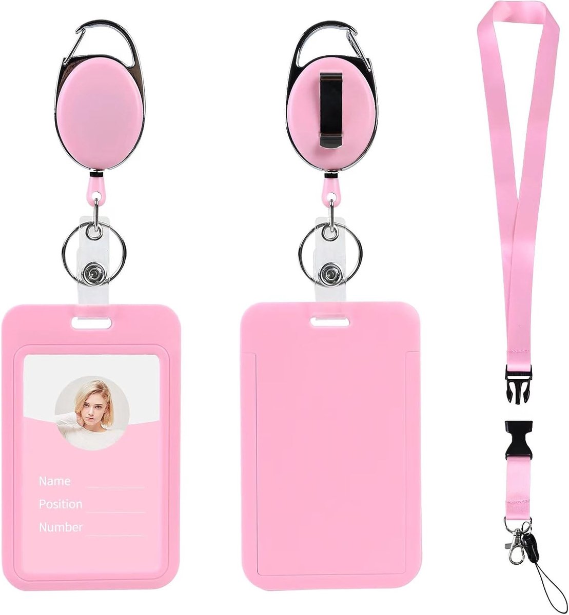 Roze Buskaartenhoes - ID-kaarthouder Set - Veilig Dragen - Intrekbare Clip - 2 Stuks - Roze