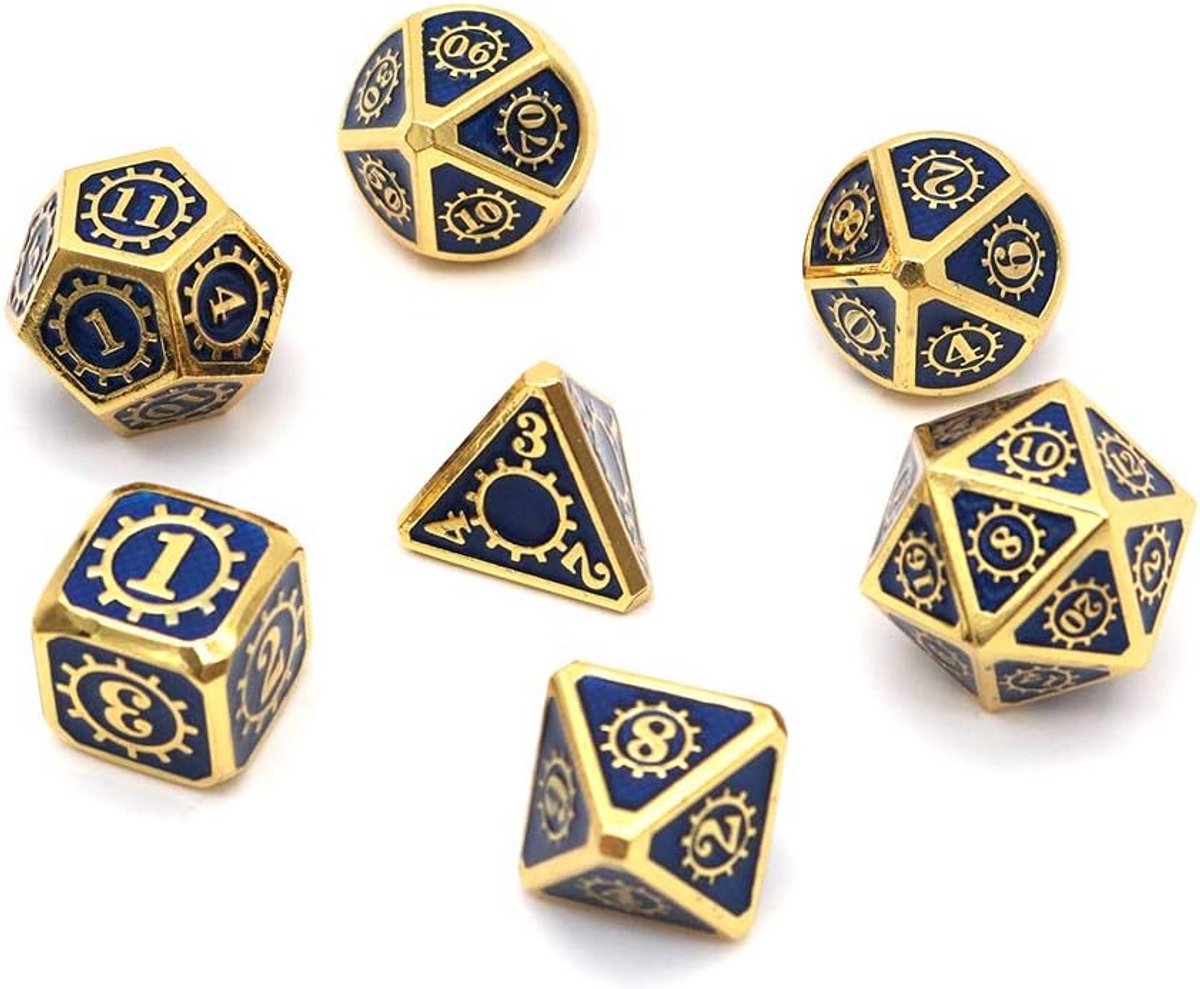 Metalen Dobbelstenen Set - Veelvlaks Dobbelstenen - Rollenspellen Spelen - Zware Zinklegering - 7 Stuks - Goud Blauw