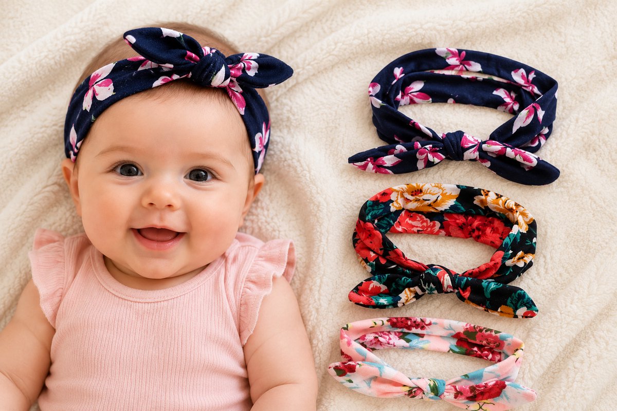 Baby Haarbandjes Meisjes - Set van 3 Bloemenprint Haarbanden - Rekbaar Katoen - Zwart, Blauw en Roze - 3 tot 18 Maanden