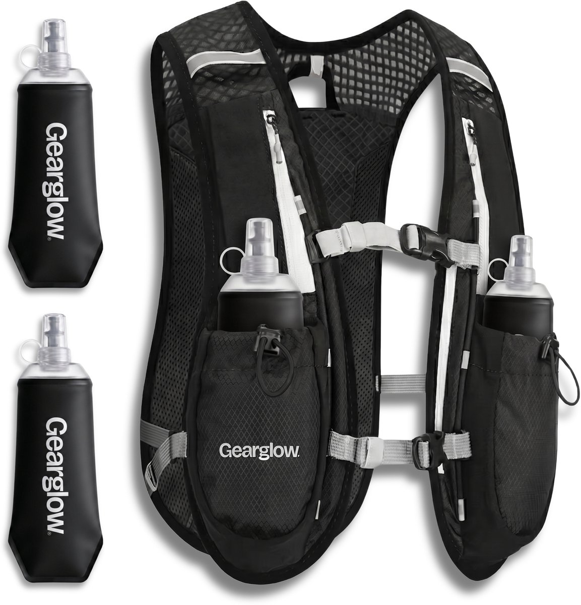 GearGlow® Hardloopvest met 2 Soft Flasks (500ml) - Waterdichte Telefoonhouder - 6 Opslagvakken