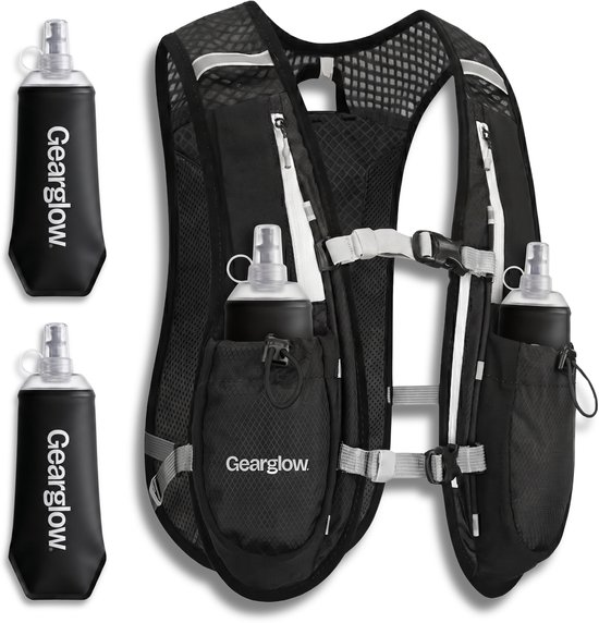 GearGlow® Hardloopvest met 2 Soft Flasks (500ml) - Waterdichte Telefoonhouder - 6 Opslagvakken