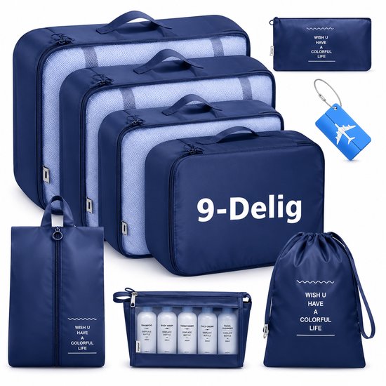 Negen delige set blauwe packing cubes en organizers in verschillende maten. Inclusief toilettas met flacons en schoenentas.