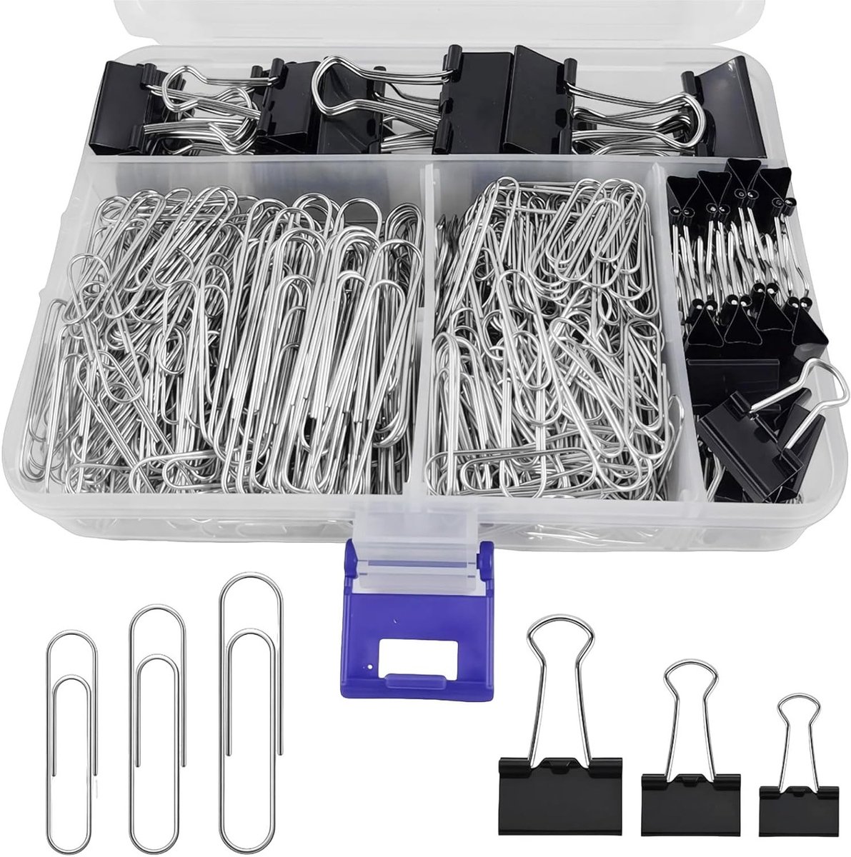 Set van 340 Stukken Binding Clips en Paperclips, Diverse Maten voor Kantoor en School, Duurzaam en Veelzijdig Kantoorbenodigdheden