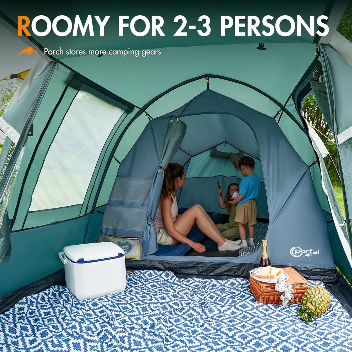 Tent 3 personen - campingtent - waterdicht - 3000mm met voortent raam - 3 man - tunneltent - familietent - festivaltent voor camping - reizen trekking - tuin – foto 5