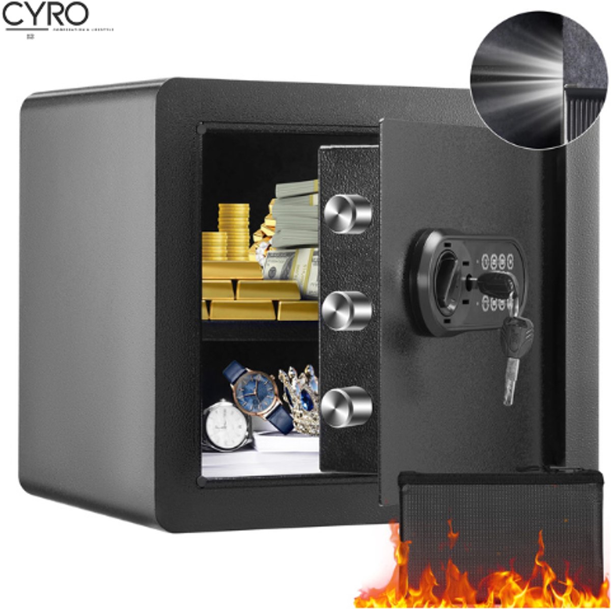 CYRO - Kluis - Kluis Brandwerend - Elektrische kluis met Vingerafdruk - Carbon Staal - Brandtas - 2 Sleutels - 30x40x35cm - Zwart