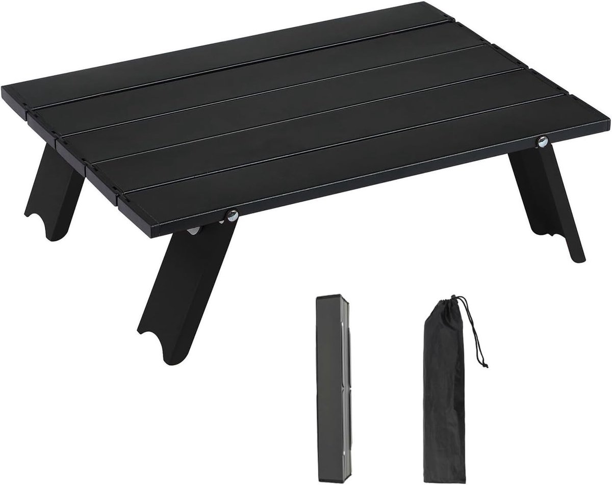 Kleine Camping Tafel - Vouwbaar - Aluminium - Draagbaar - Compact - 39.5 x 28 x 12.5 cm - Voor Picknick - Strand - Buiten - Wandelen - Zwart