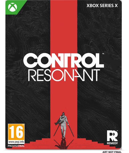 Couverture de Control Resonant pour Xbox Series X, avec des lignes rouges et noires et une silhouette.