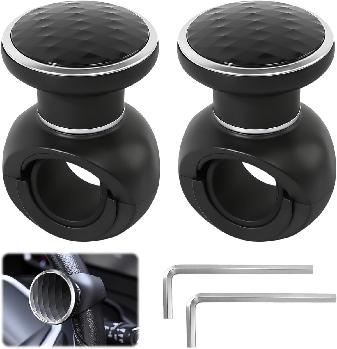 2 Stuks Universele Stuurknoppen Spinner met Sleutel, Zwarte Stuurknop voor Auto's, Vrachtwagens, Tractors en Tuinmachines