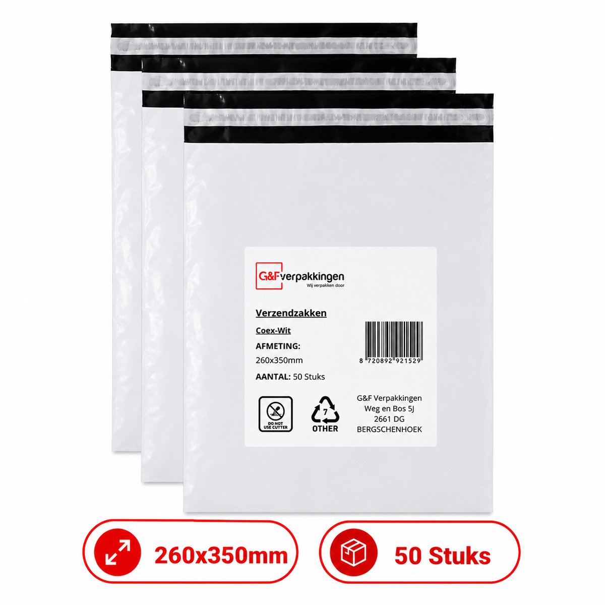 G&F Verpakkingen Verzendzakken - 260x350mm met plakstrip - 50stuks (CoEx LDPE)