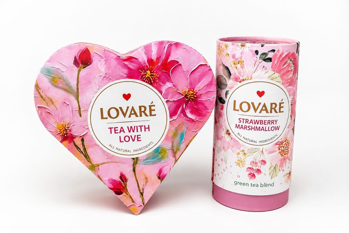 Lovaré Tea With Love Cadeauset – Hartvormige Thee Giftbox + Strawberry Marshmallow Losse Groene Thee – Luxe Thee Geschenkset voor Haar, Verjaardag, Moederdag, Valentijn