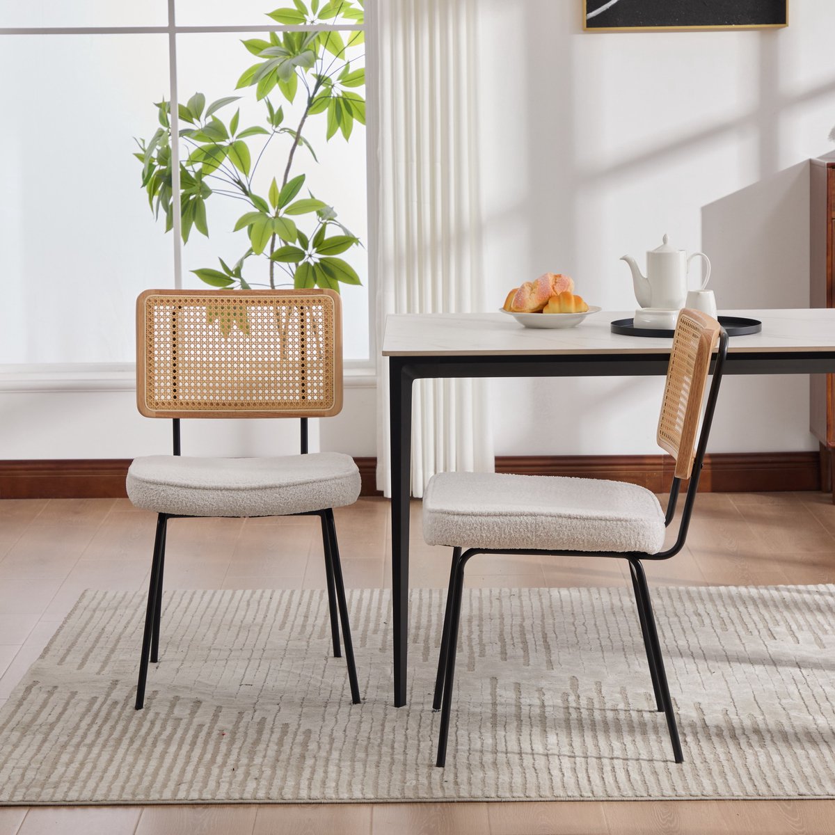 Clruro Eetkamerstoel - 2 Stuks - Moderne Chenille Eetstoel - Rattan Rug Met Houten Frame - Verstelbare Metalen Voeten - Linnen / Ivory Ivoor