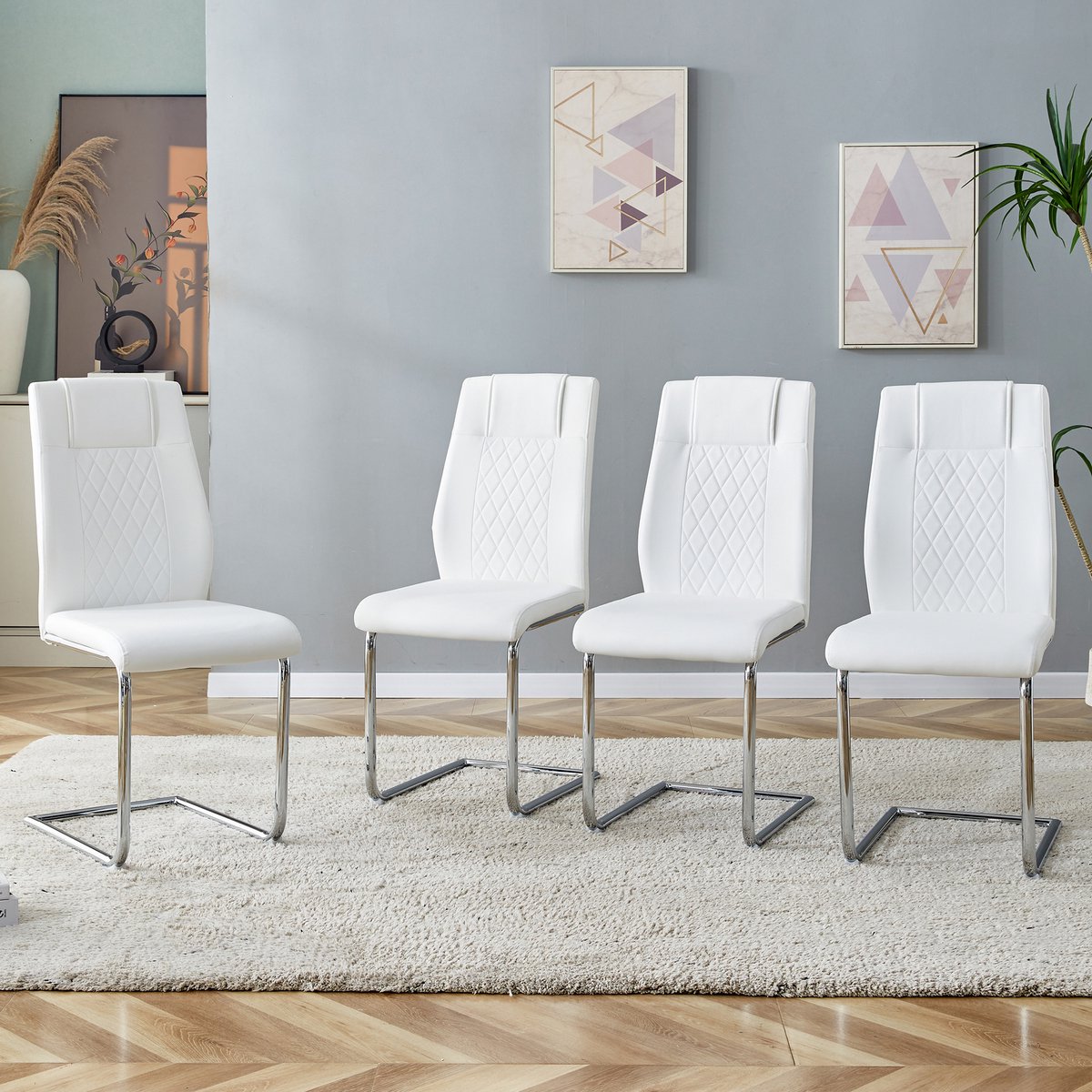 Eetkamerstoel - 4 Stuks - Scandinavische PU Stoel Met Mesh Rug - Metalen Poten Antislip - Tijdloos Design - Wit