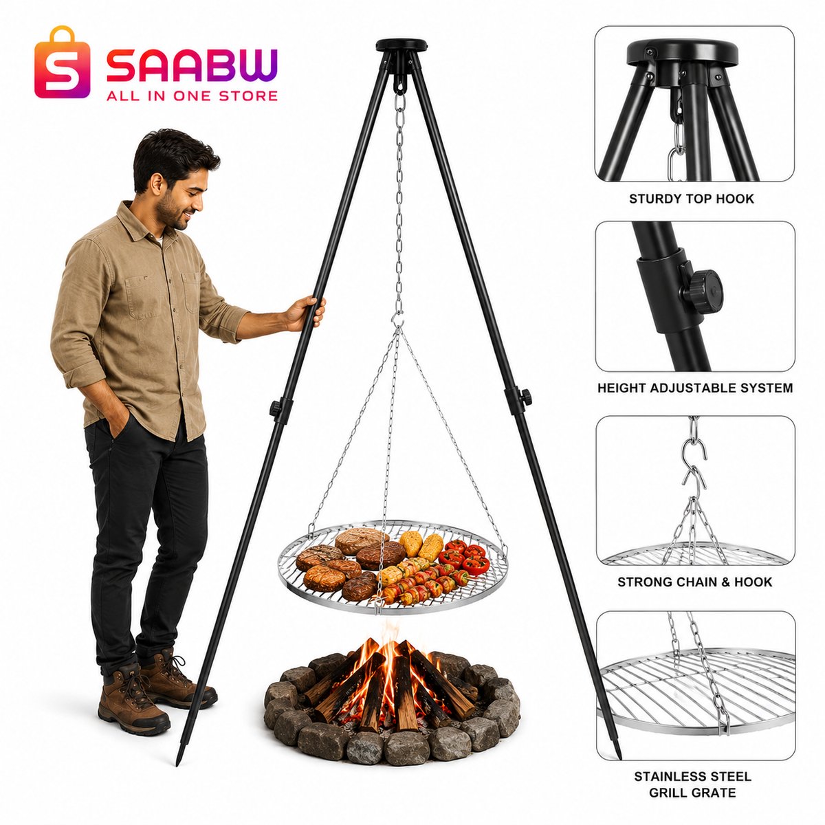 Driepoot Barbecue Grill 70 cm met RVS Rooster – Tuingrill met Hoogteverstelling voor Kampvuur en Buiten Koken – Hangende Grill op Statief 190 cm – Camping BBQ – driepoot barbecue – tripod grill – kampvuur grill – zwart – 63887