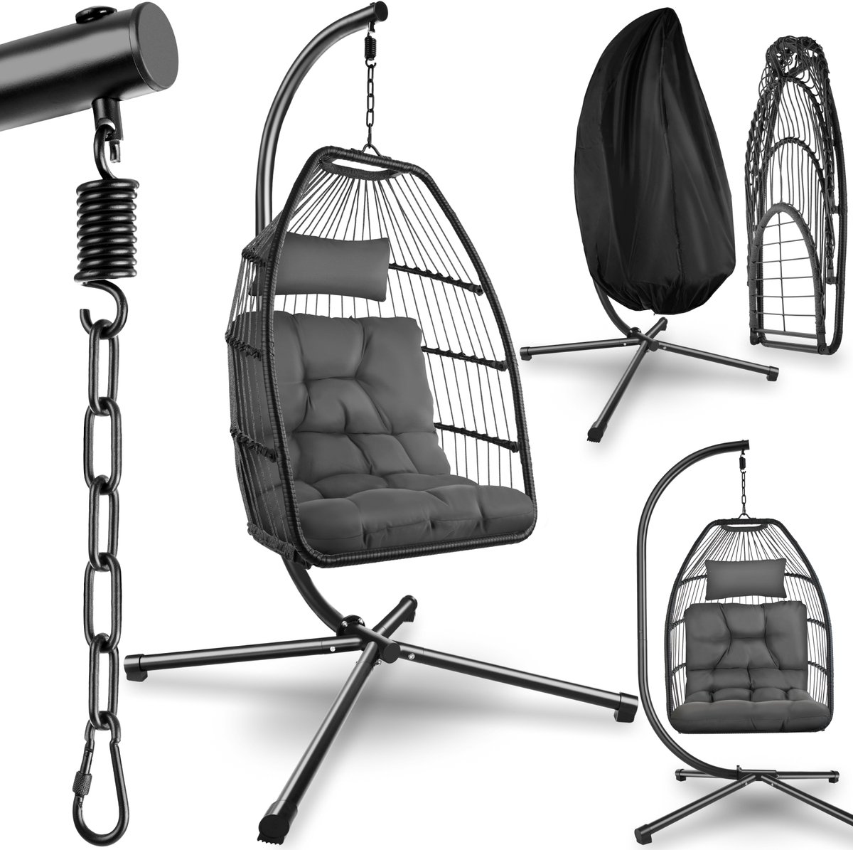 Bol.com tectake® Luxe Hangstoel - Opvouwbare en draaibare Egg Chair met Standaard - Dikke Kussens - Antislipvoeten - Inclusief B... aanbieding