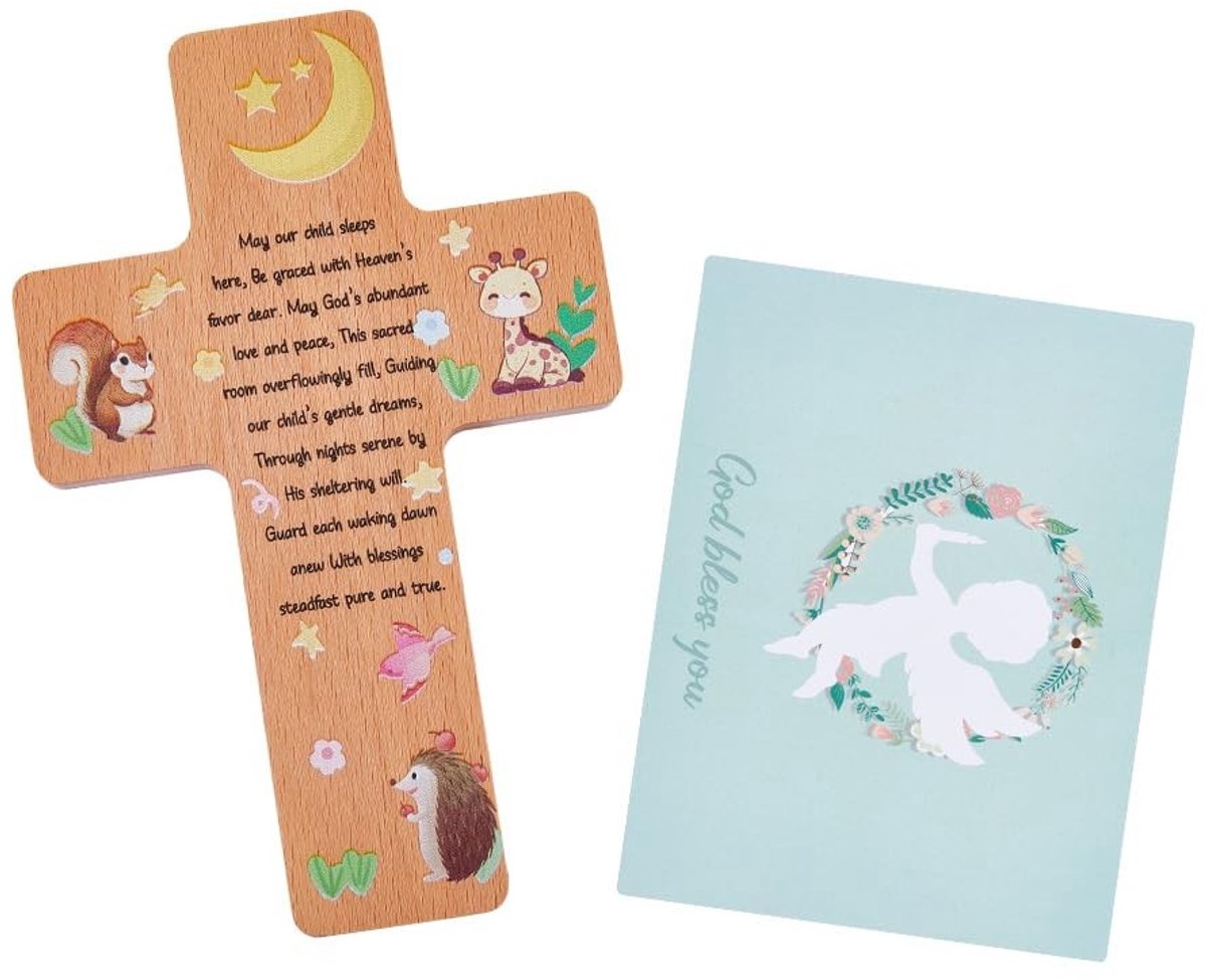 Dailygoods- Babymuur Kruis 2-delige Set - Houten Kruis 16,9 x 11 cm - Christelijk Aandenken - Gebedskaart - Duurzaam - Cadeau-Klaar - Doopkruis