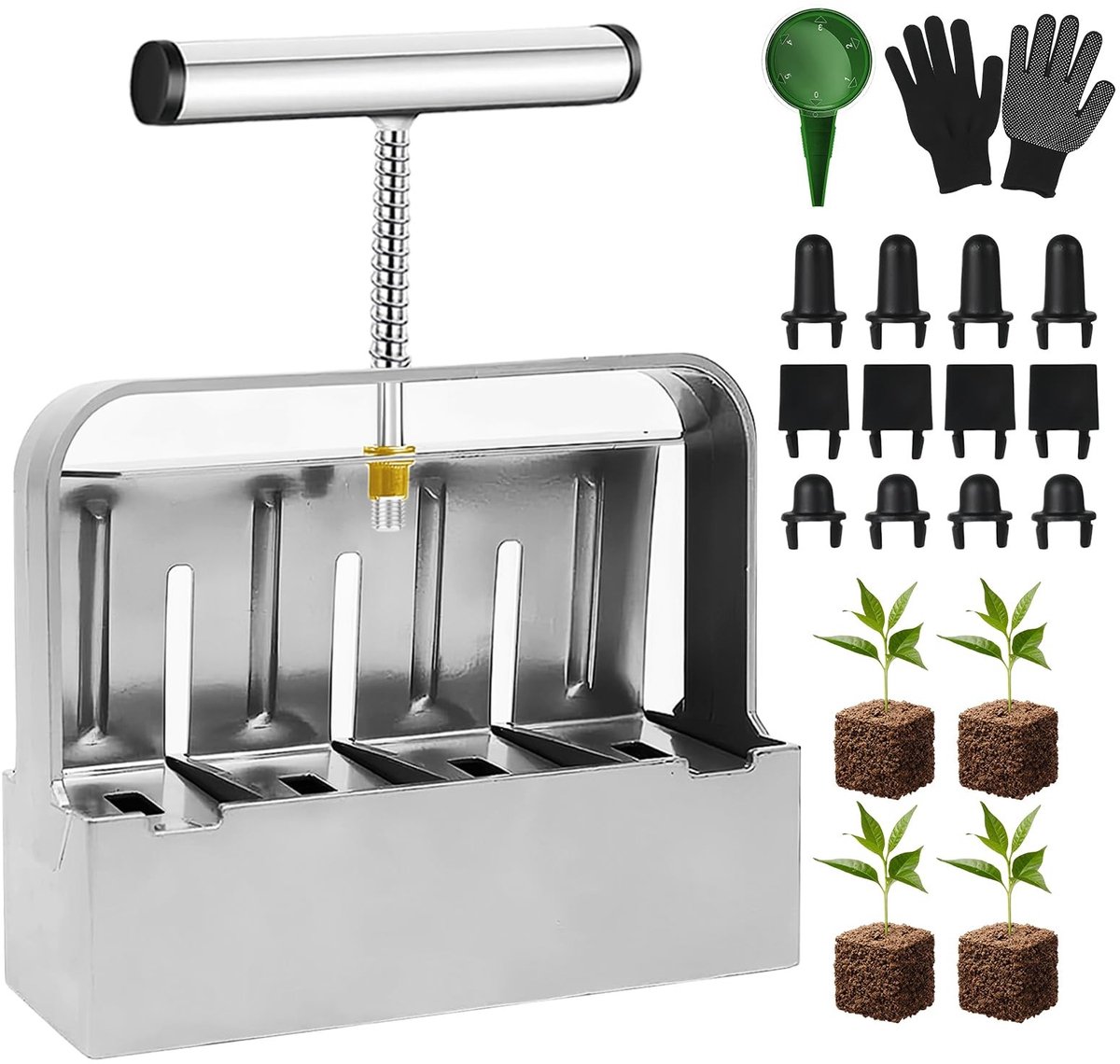 Dailygoods- Bodemblokkering Handmatig - Grondbalpers - Handbediende Blokker - 4 Bodemblokken 5x5 cm - Zaadhulp - Handschoenen - Hoogwaardige Aluminiumlegering