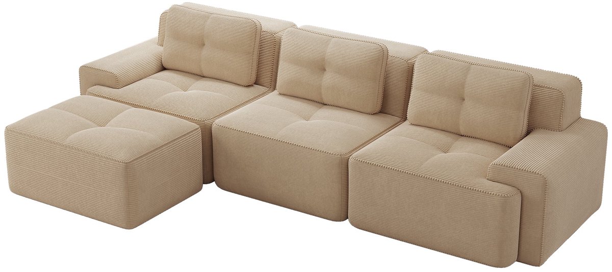 Merax L-Vormige Cloudbank 3-Zits - Beige Ribstof Loungebank 293 cm - Modulaire Bank met Ho