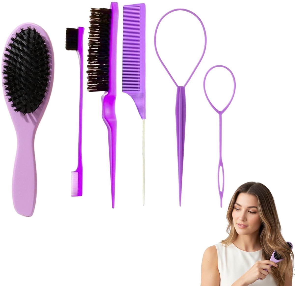 Dailygoods- Haarstylingborstelset 6-delig - Antiklit Borstel - Varkenshaar Borstel - Randborstel - Vlechthulpmiddelen - ABS Materiaal - Haarborstel