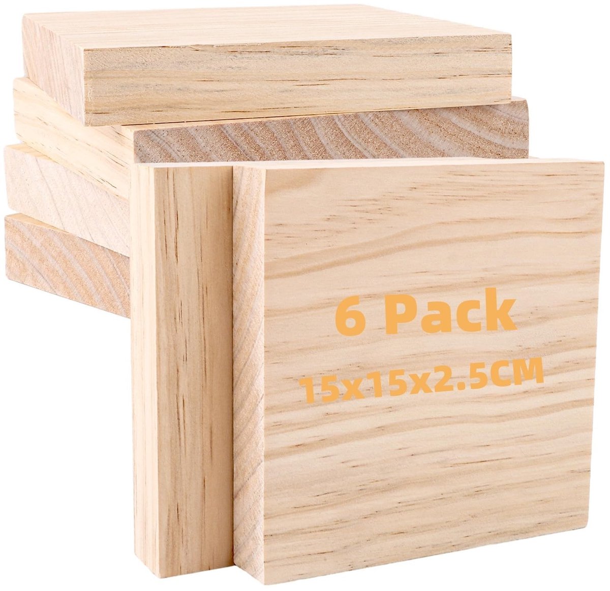Dailygoods- Houtsnijblok Set van 6 - Houten Snijblokken - Grenenhout - 15 x 15 x 2,5 cm - Duurzaam - Onbehandeld - Snijplank