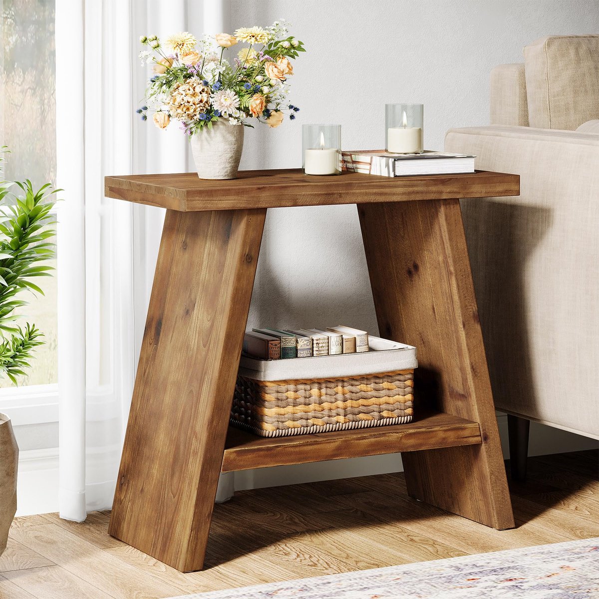 Little Trees Rustiek Bruin Bijzettafel - 60x30x60cm - Solid Hout - 2 Laags Opbergblad - Landhuis Stijl - Voor Slaapkamer Woonkamer - Bruin