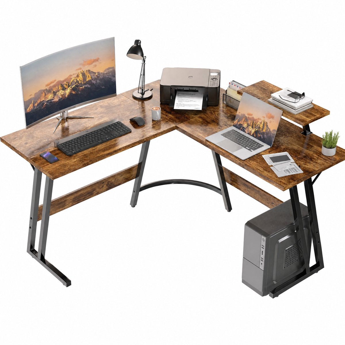 Devoko L-Vormig Bureau 120 x 120 x 75 cm – Met Klein Bureautje – Bruin Blad met Zwart Stalen Frame – E1 MDF – Hoekbureau – Computertafel – Bruin