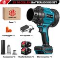 Een blauwe/zwarte bladblazer met accessoires: twee 10-celbatterijen, oplader, mondstukken, filter en oordopjes.