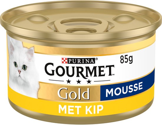 Gourmet Gold blik kattenvoer kip mousse, 85g, met witte kat op de verpakking.