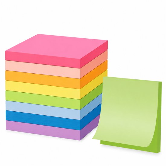 Een stapel felgekleurde post-its, 76x76 mm, met een los vel groen papier ernaast.