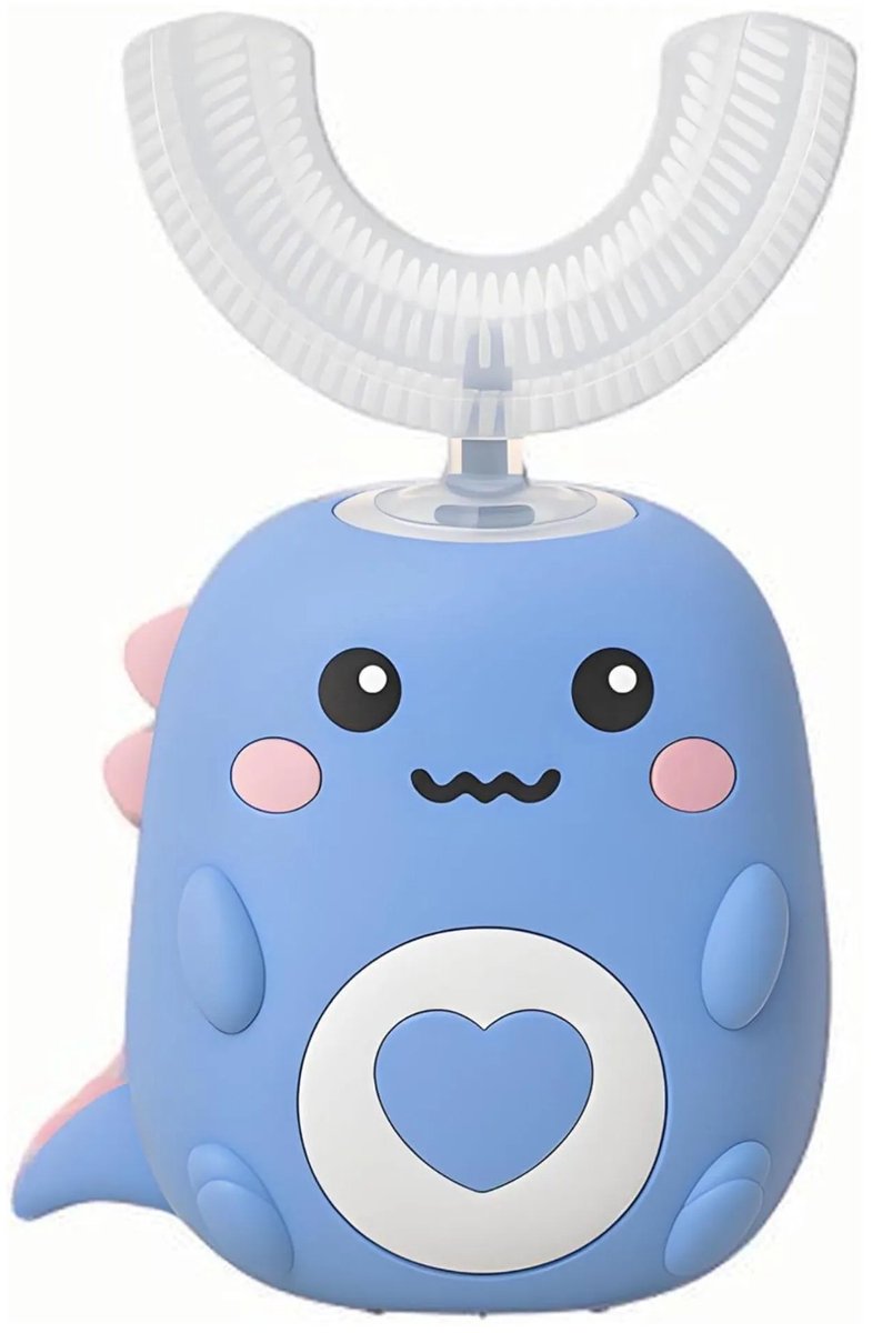 U-vormige elektrische kindertandenborstel, dinosaurusvormige babytandenborstel met LED-lampje, geschikt voor kinderen van 6-12 jaar - blauw.