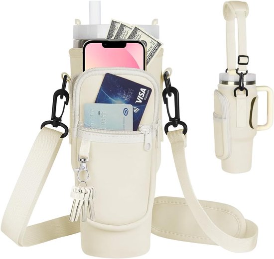 Waterfles Draagtas, Waterfles Houder met Verstelbare Riem & Telefoonvak Geschikt voor Stanley Cup, Geschikt voor Stanley Quencher 40 oz Tumbler, Wandelen, Hiken, Camping, Wit, 24.5 x 11 x 7.5 cm — afbeelding 3
