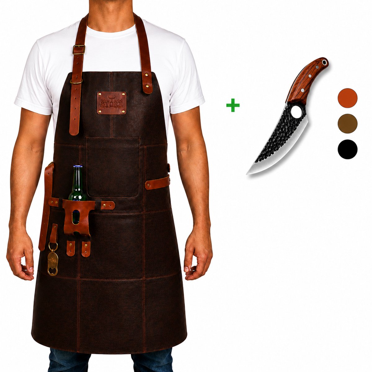 STORX Leren BBQ Schort + Handgemaakt Koksmes – Donkerbruin Echt Leer – 2 Jaar Garantie – Grillset met Slagers Mes (27,6 cm) & Luxe Kookschort (81 x 56 cm) – Stoer Cadeau voor Mannen