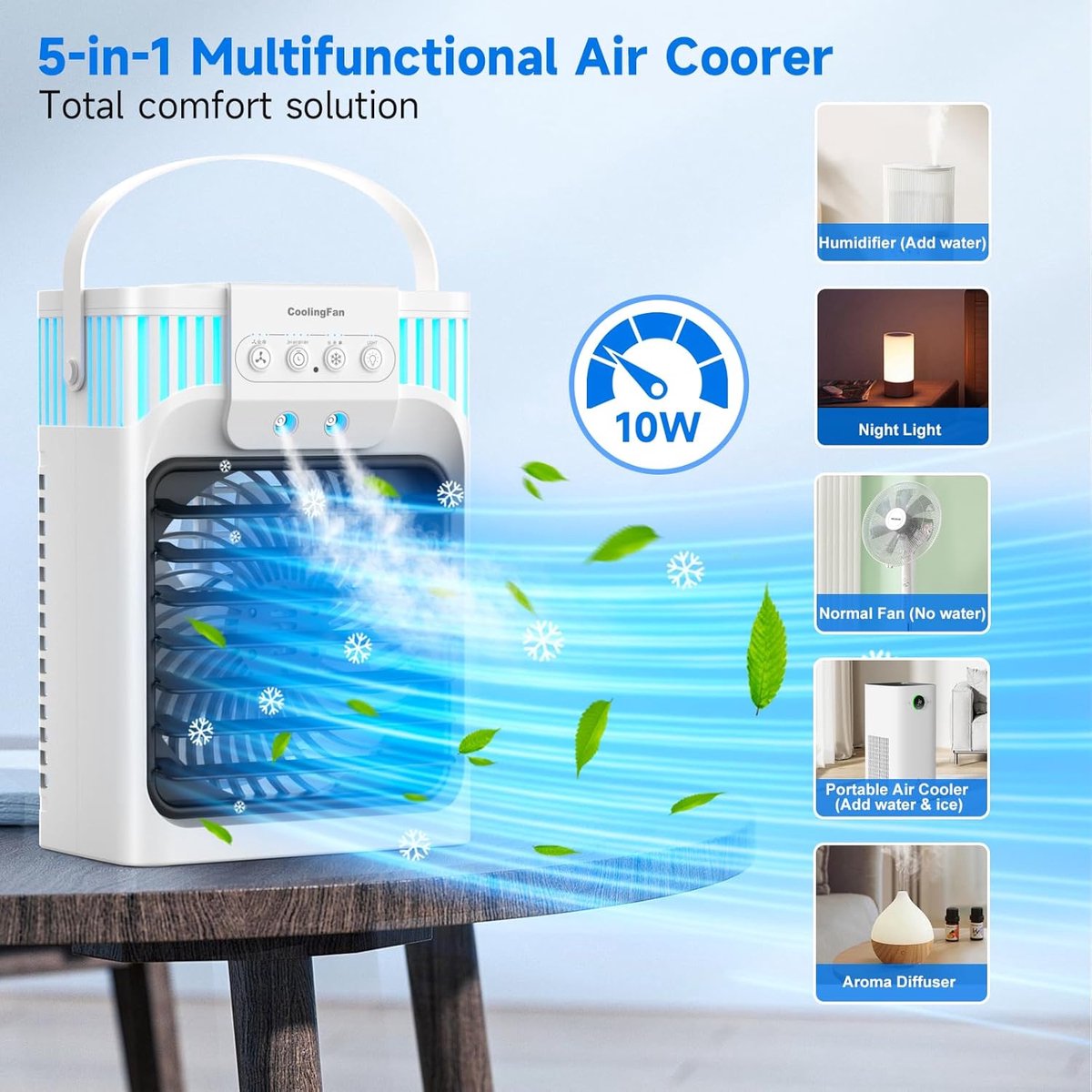 1200 ml mobiele airconditioner met afstandsbediening, 5-in-1 mobiel luchtkoelsysteem, 3 snelheden, 3 sproeistanden, 7 kleuren licht, 2-8 uur timer, mini-airconditioner voor kamer/kantoor — afbeelding 3
