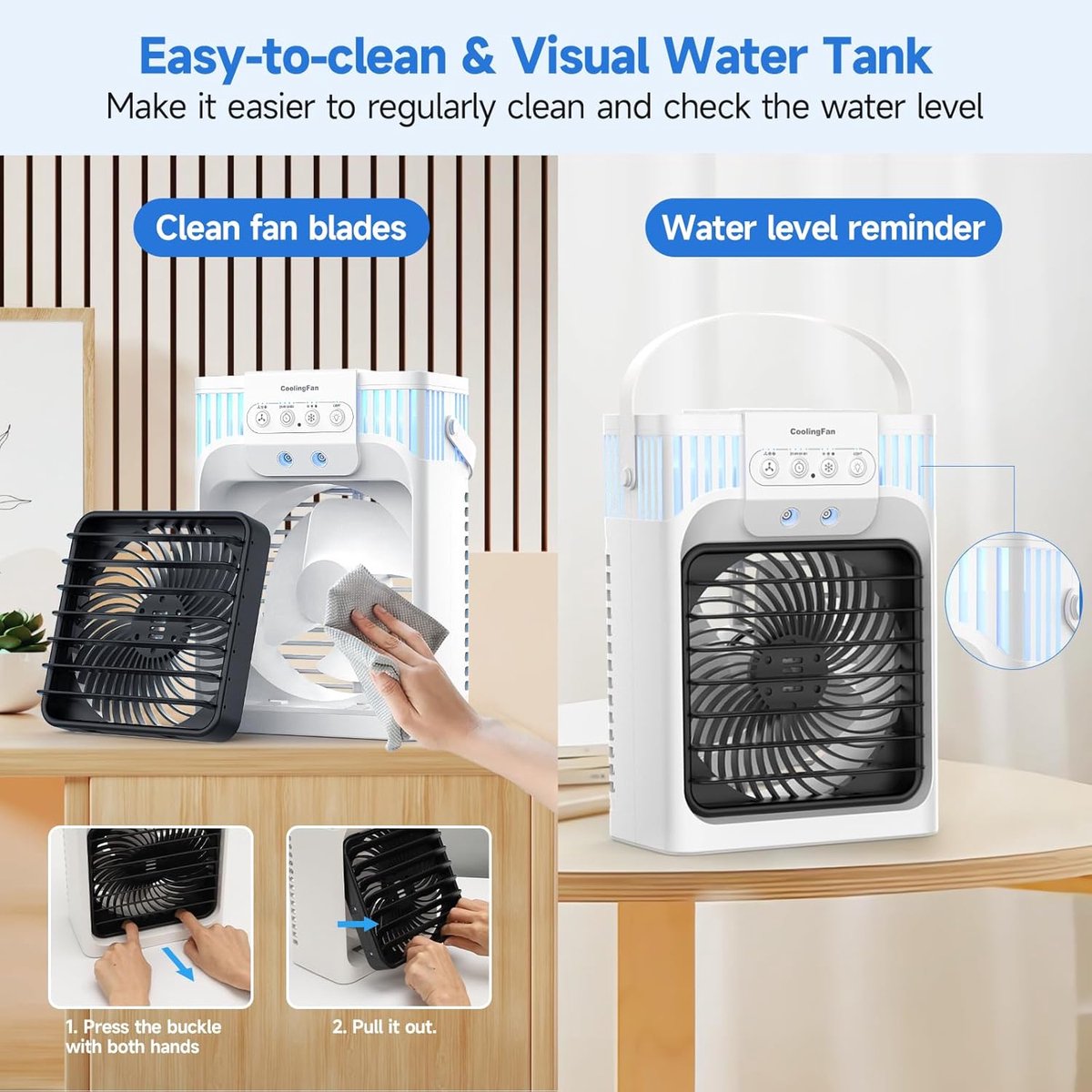 1200 ml mobiele airconditioner met afstandsbediening, 5-in-1 mobiel luchtkoelsysteem, 3 snelheden, 3 sproeistanden, 7 kleuren licht, 2-8 uur timer, mini-airconditioner voor kamer/kantoor — afbeelding 7