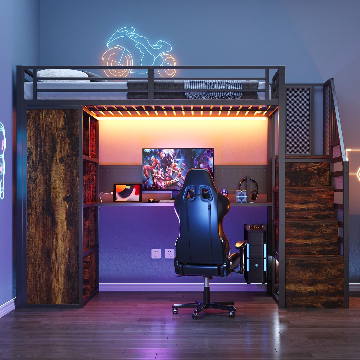VVBV Hoogslaper 90x200 met Bureau en Kast – Opbergrekken, Ladder, LED en Stopcontact – Metalen Frame – Zwart – met Opbergruimte – Hoogslaper met Trap Black