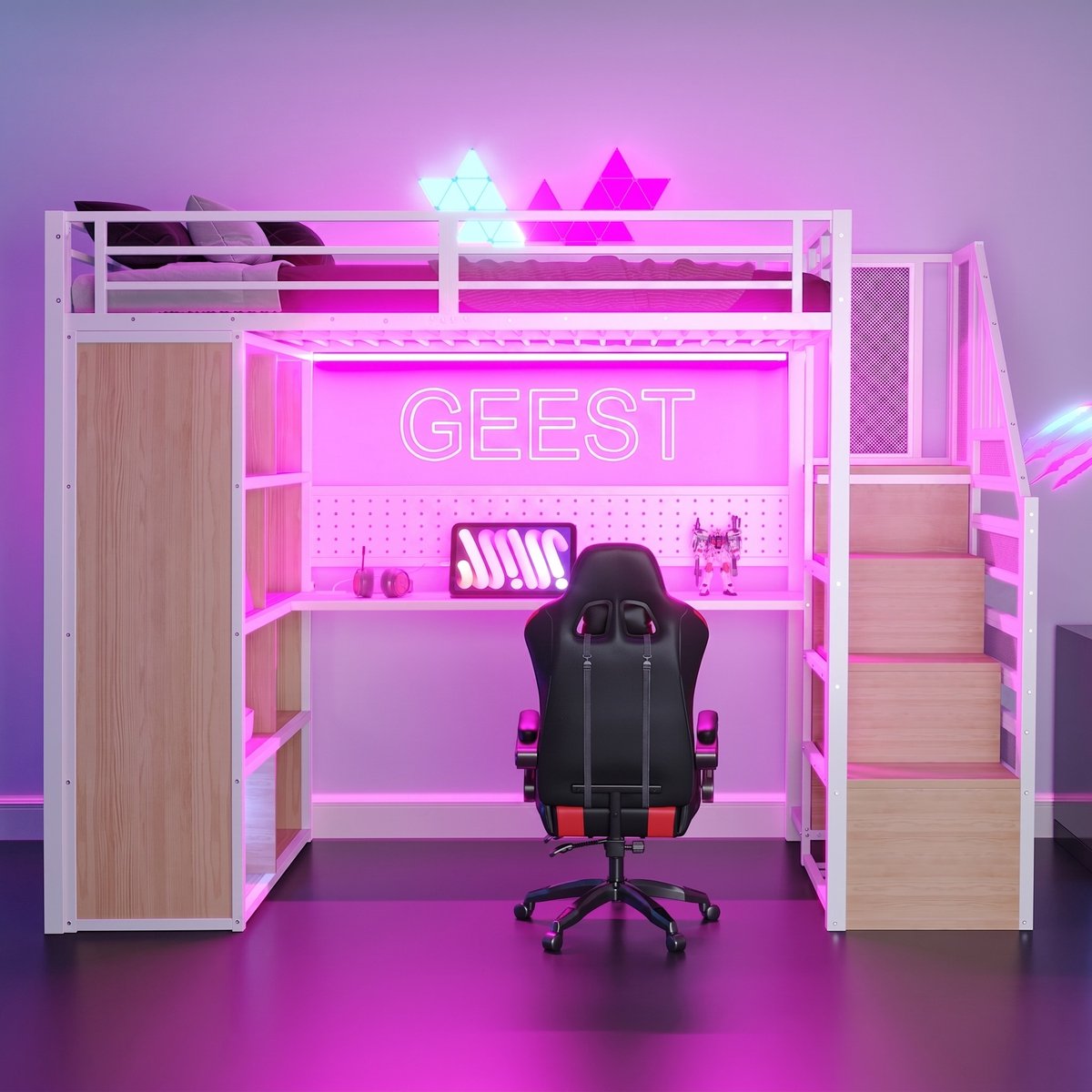 VVBV Ruimtebesparende Hoogslaper 90x200 cm met Trap/Ladder, Planken - Kledingkast, Bureau, LED-Verlichting - Metaal Wit White