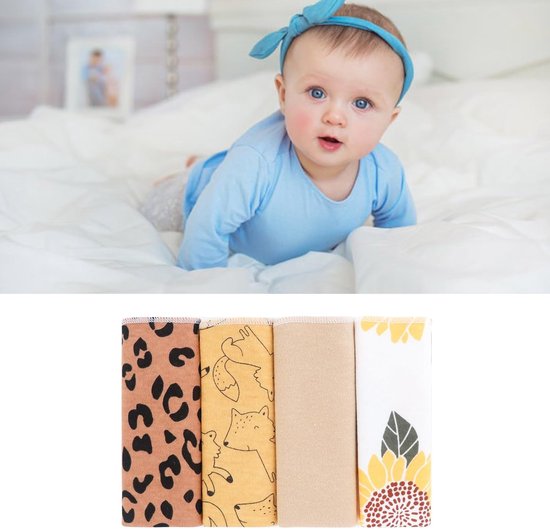 Pack of 4pcs Soft Baby Face Cloth Cartoon Theme Baby Saliva Towel Handkerchief For Delicate Skin Easy Cleaning Cotton Baby Washcloth — afbeelding 2