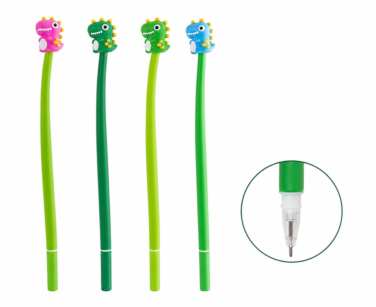 Dinosaurus Gelpennen Voordeelbundel - Set van 4 Kleuren - 23 cm Extra Lange Pennen - Roze, Blauw & Groen - Grappige Dino Pennenset - Cadeaupakket