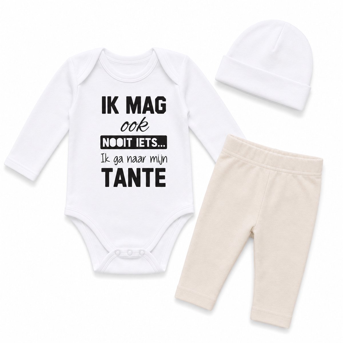 Baby cadeau geboorte unisex jongen of Meisje Setje 3-delig newborn | maat 62-68 | grijs mutsje en broekje en romper lange mouw wit met zwarte tekst ik mag ook nooit iets ik ga naar mijn tante