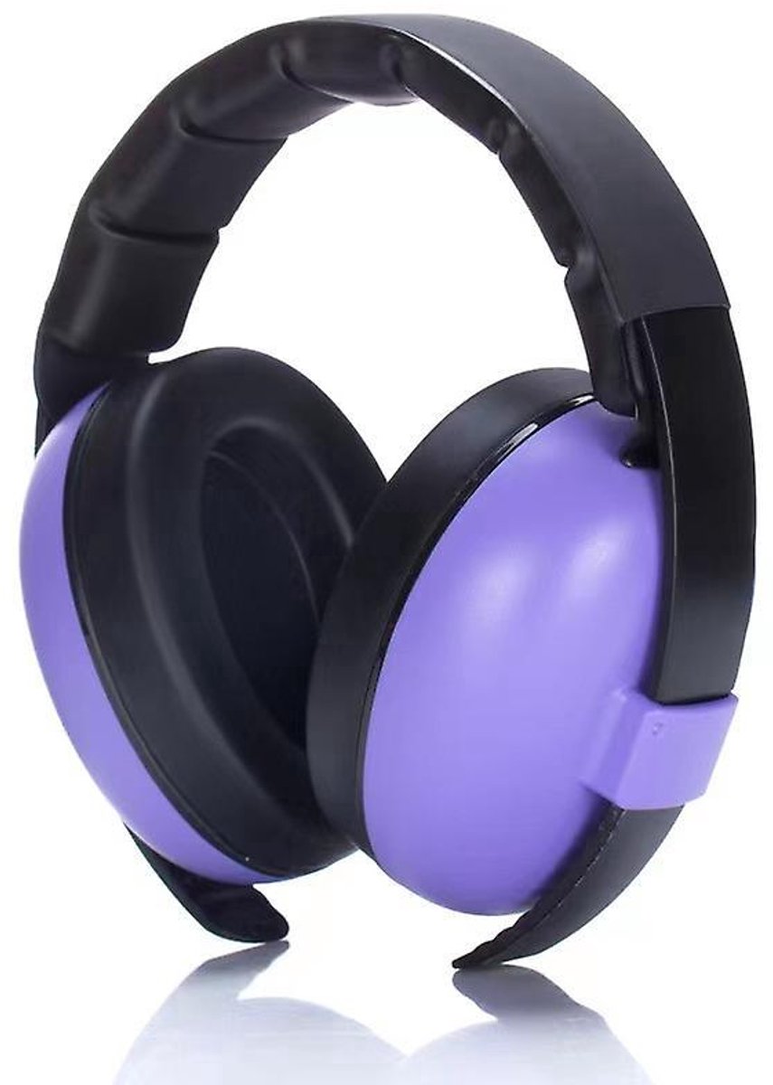 Paarse noise-cancelling koptelefoon met gehoorbescherming voor baby's van 3 maanden tot 2 jaar.