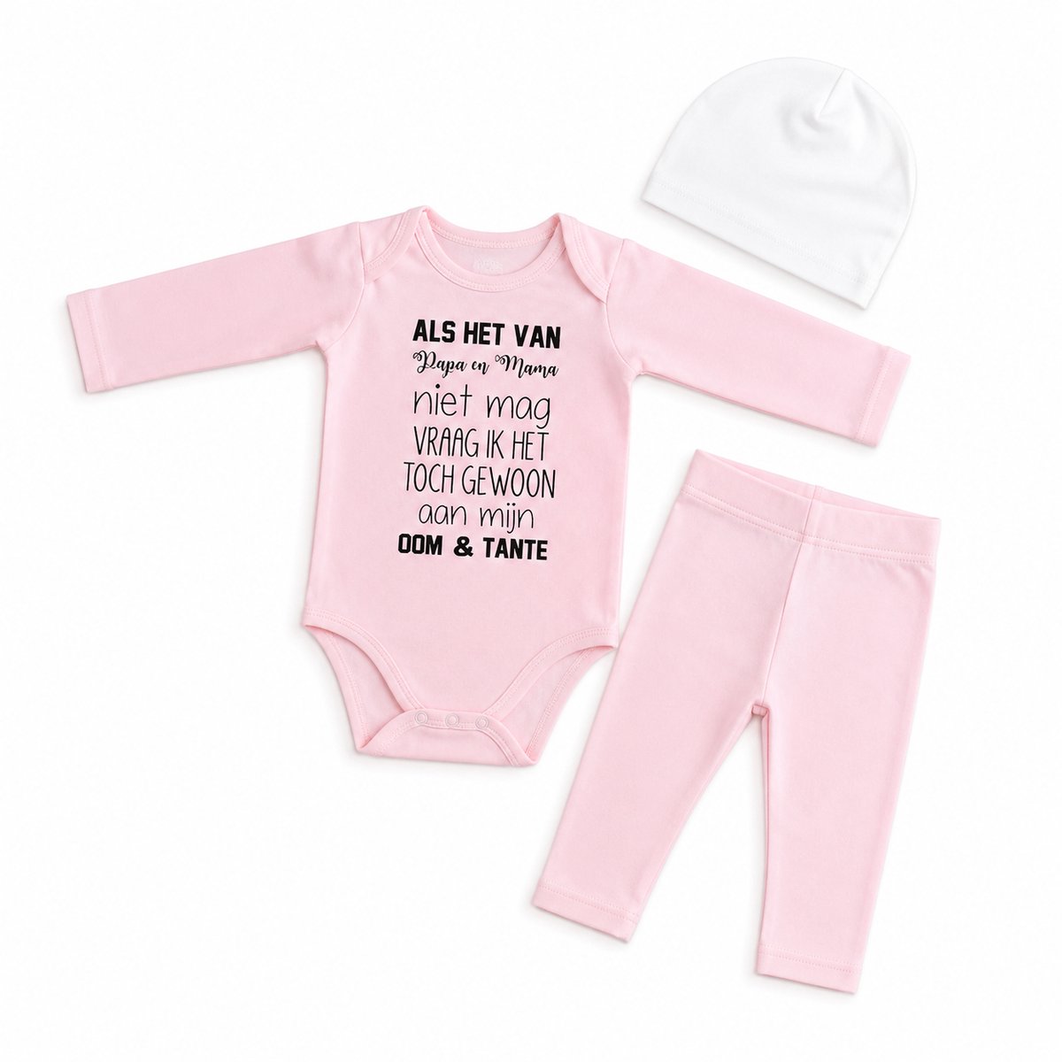 Baby geboorte cadeau Meisje Setje newborn | maat 62-68 | roze mutsje beertje roze broekje streep en roze romper lange mouw met tekst zwart Als het van papa en mama niet mag vraag ik het toch gewoon aan mijn oom en tante | Huispakje | Kraamkado